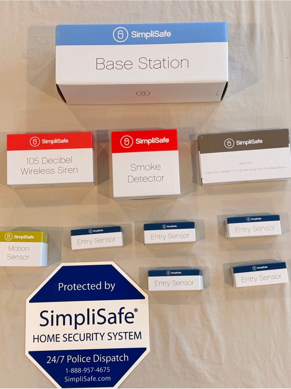 SimpliSafe White Base Station and White Security Sensors with Blue Accents